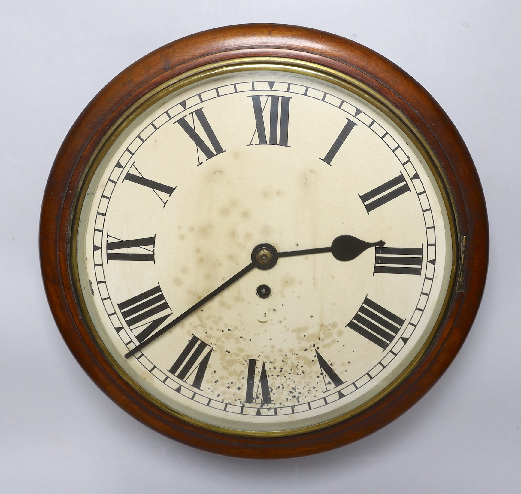 J. Carr & Sons mahogany wall clock, single fusee movement, with pendulum and key, 37cm in diameter